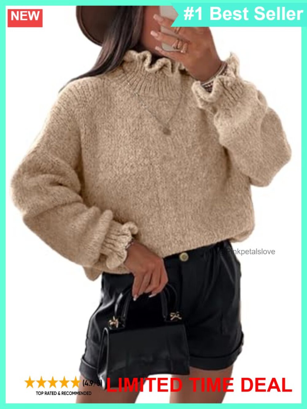 Womens Oversized Ruffle Turtleneck Chunky Knit Sweater Pullover